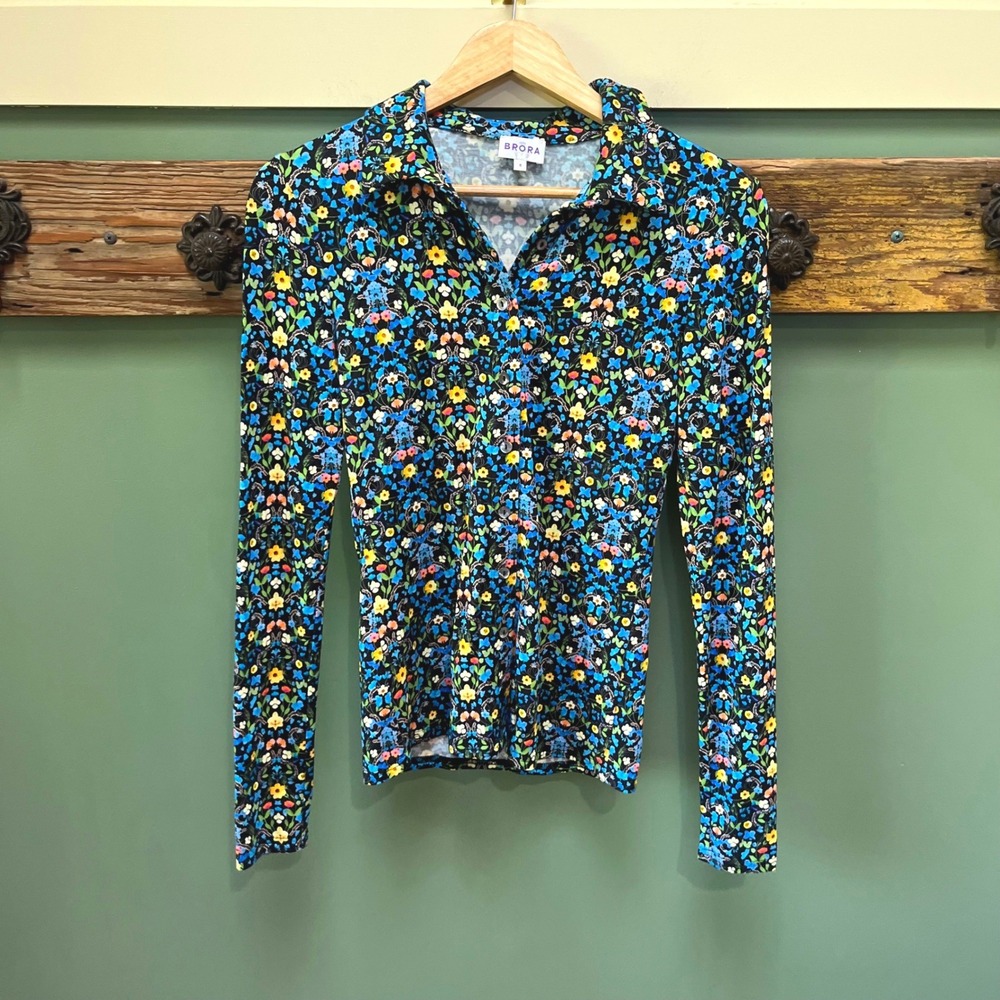 Brora Womens Floral Jersey Button Front Long Sleeve Top Made in England Size 6